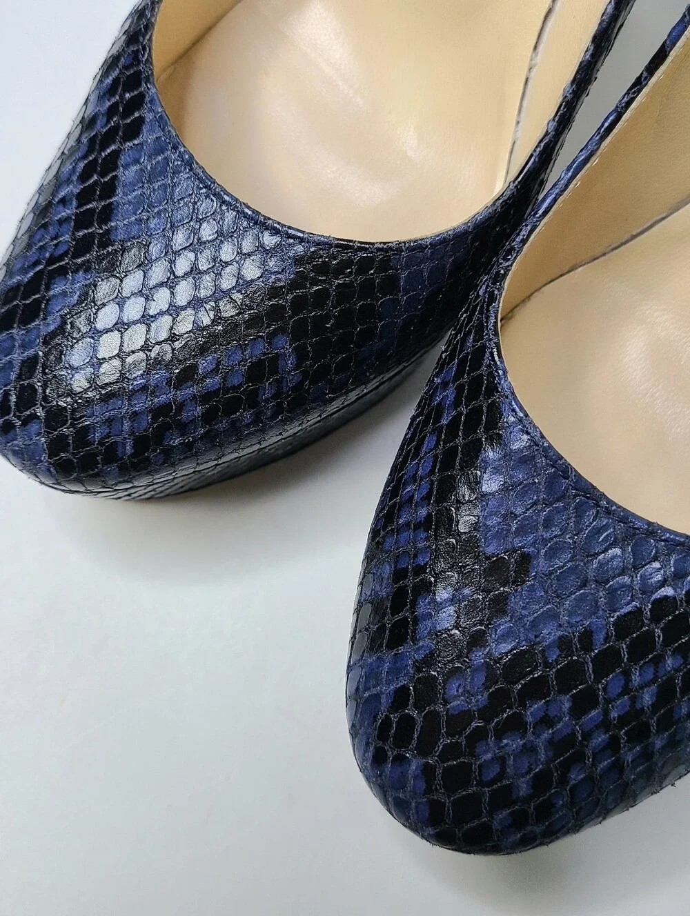 Jimmy Choo London Cosmic Navy Embossed Snakeskin Print Leather Platform Pumps